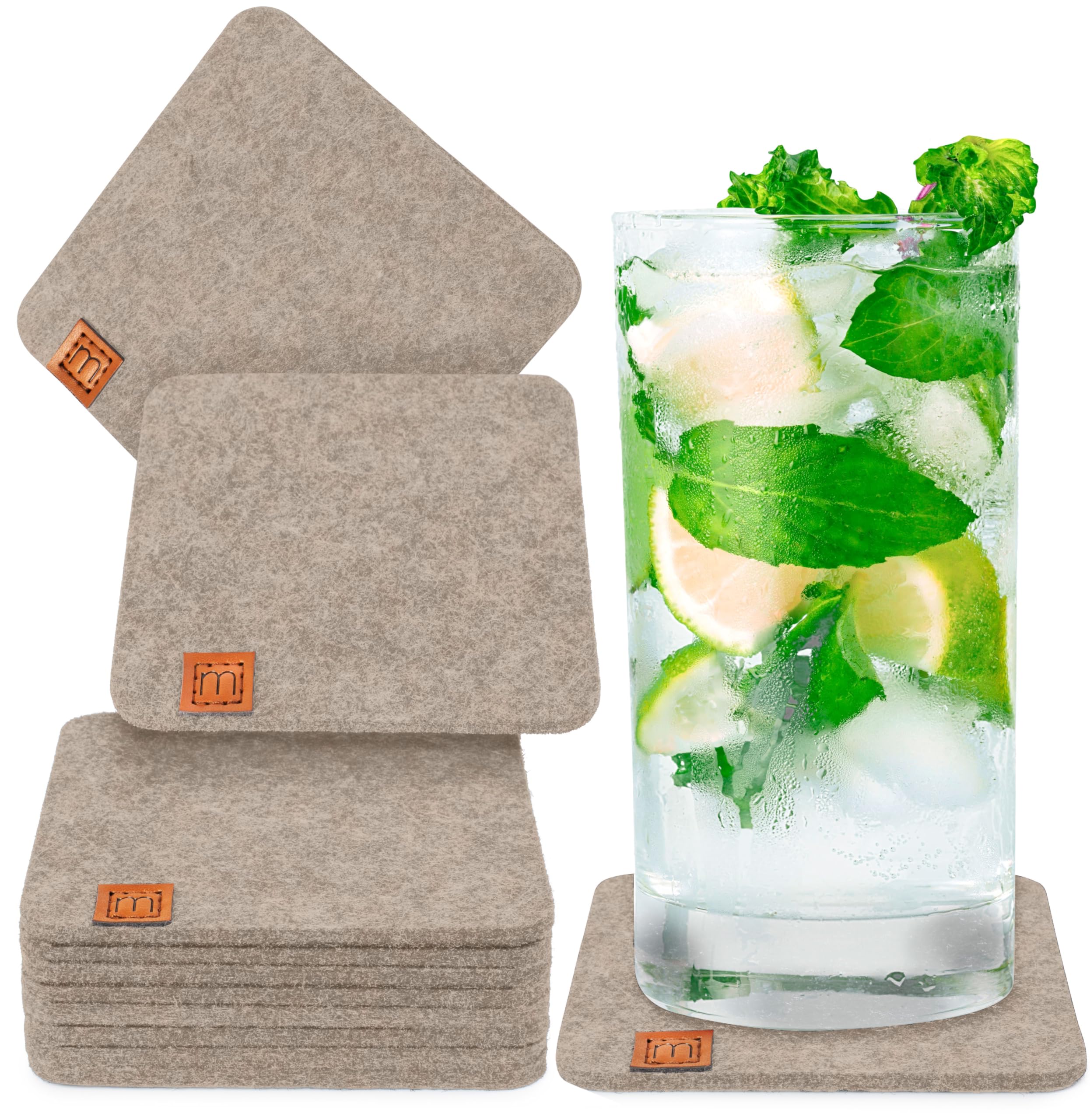 Miqio® Design Felt Coasters Round or Angled for Tumblers | Oekotex Felt Sustainable Coasters for Tumblers | 10 Coasters for Drinks, Candles, Cups, Bar, Glasses |