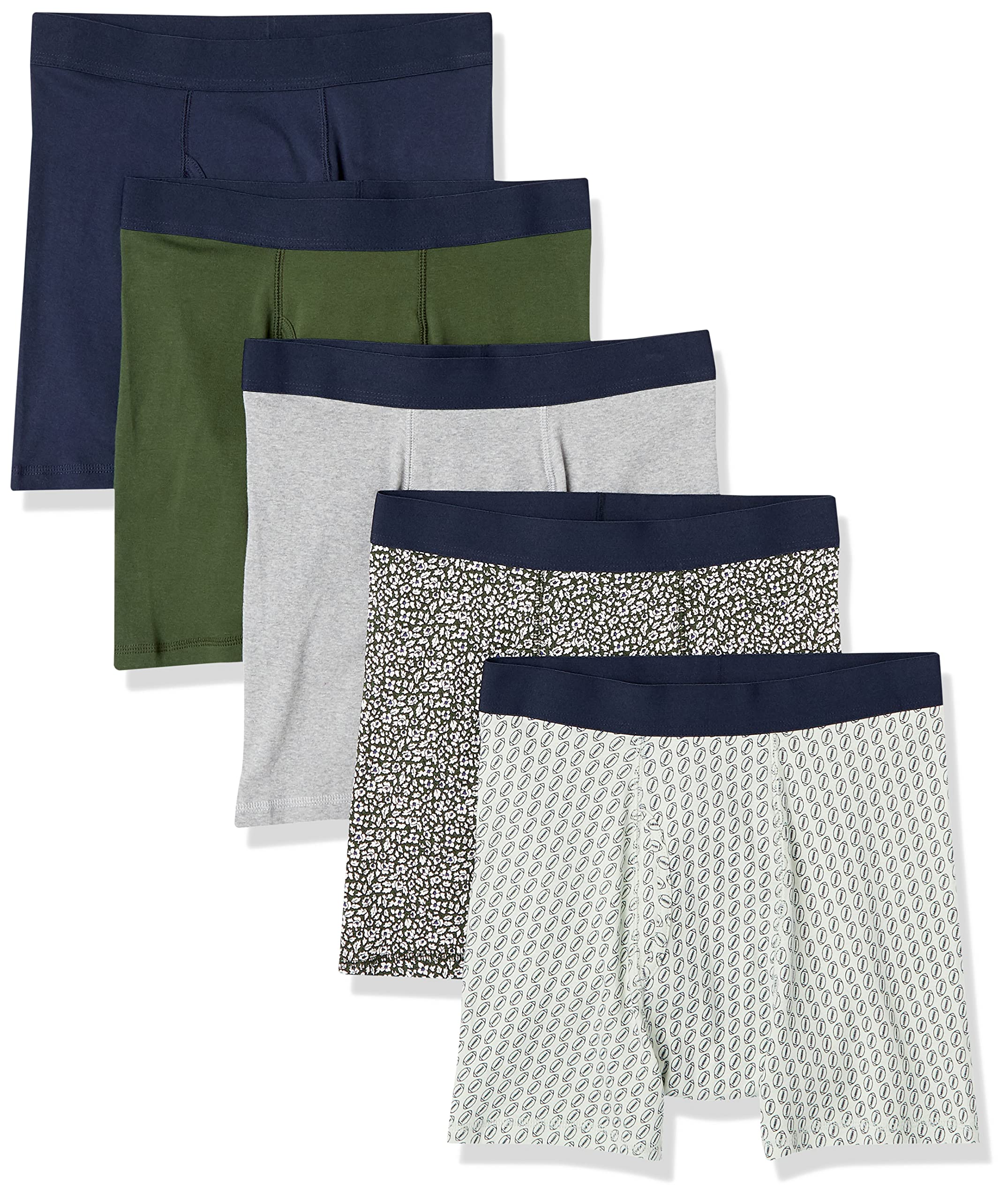 Photo 1 of Amazon Essentials Men's Underwear Boxer Briefs, Comfortable Cotton, Tag-Free, Pack of 5, Green Floral/Grey Heather/Navy/Olive/Rugby Print, 3X-Large