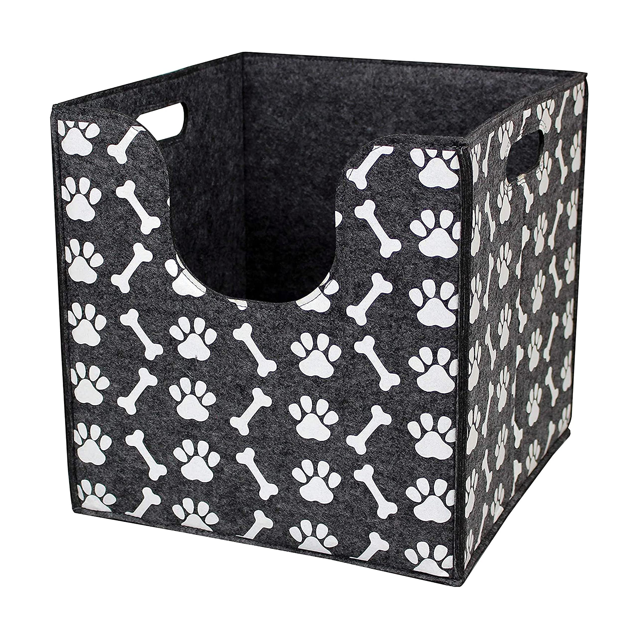 Bins & Things Foldable Dog Toy Box - 14 x 14 x 14 Inches, Thick Felt with Cute Dog Paws and Bones Prints, Curved Cutout