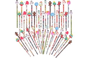 SAIWEILAI ONLINE 100 Pieces Christmas Pencils Elk Snowflake Wood Pencils with With Giant Snowman Xmas Tree Eraser Assortment Christmas Stationery Pencil for Christmas Supplies
