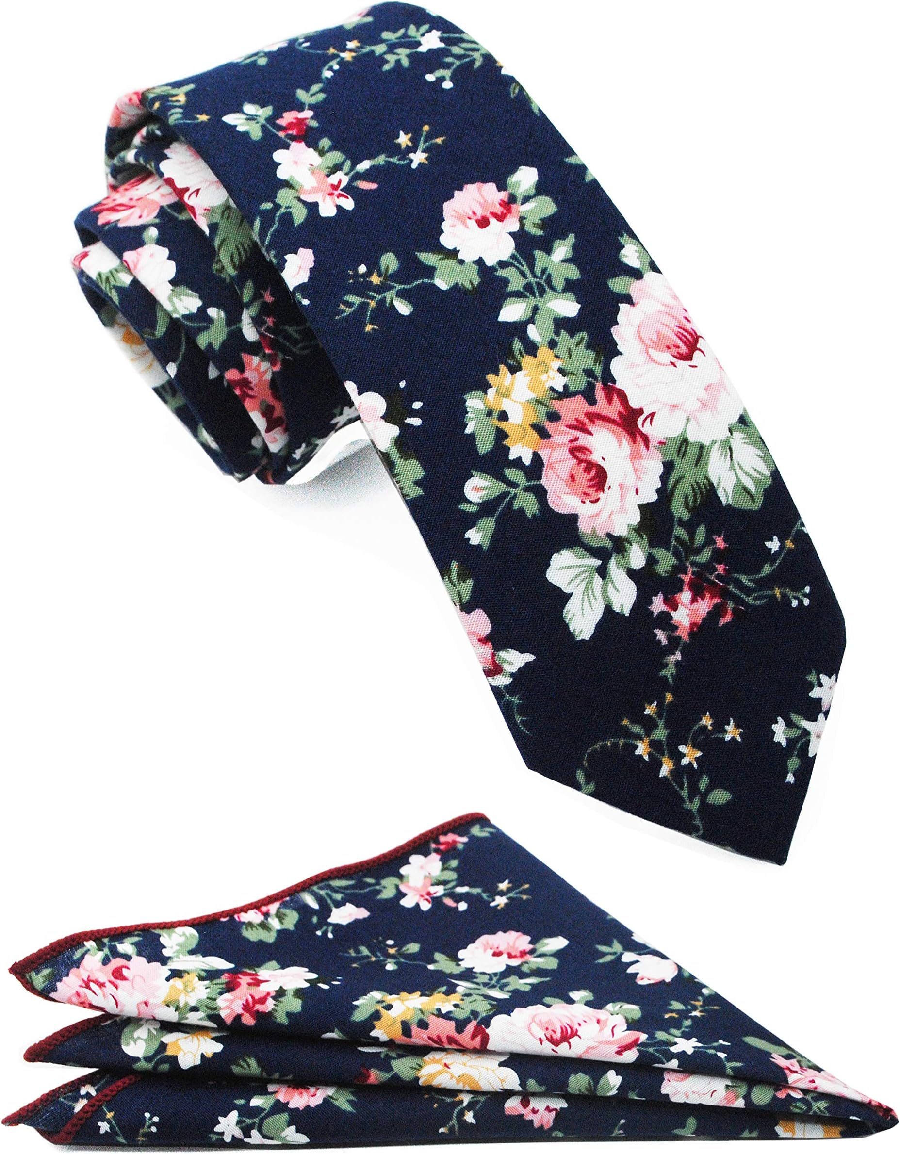 Mens Casual Skinny Floral Tie Combo Set with Flower Pocket Square 2½" Cotton Necktie Hand Made by ZENXUS