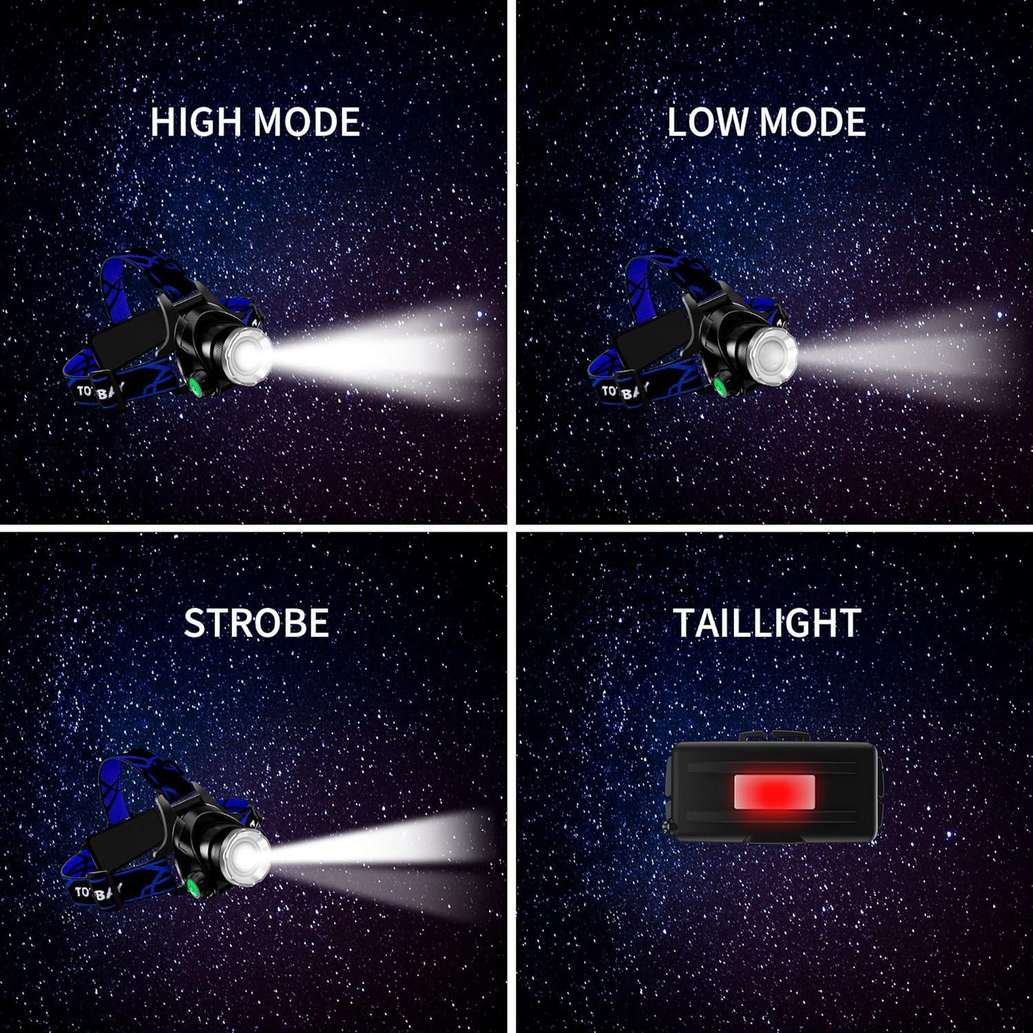 Headlamp, Super Bright LED Headlamps 18650 USB Rechargeable IPX4 Waterproof Flashlight with Zoomable Work Light, Hard Hat Light for Camping, Hiking, Outdoors (Blue): Sports & Outdoors