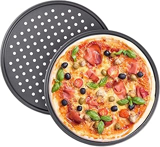 Relaxdays Pizzablech, 2er Set, rund, gelocht, antihaft, Pizza & Flammkuchen, Carbonstahl, Knusperblech, ∅ 32 cm, grau