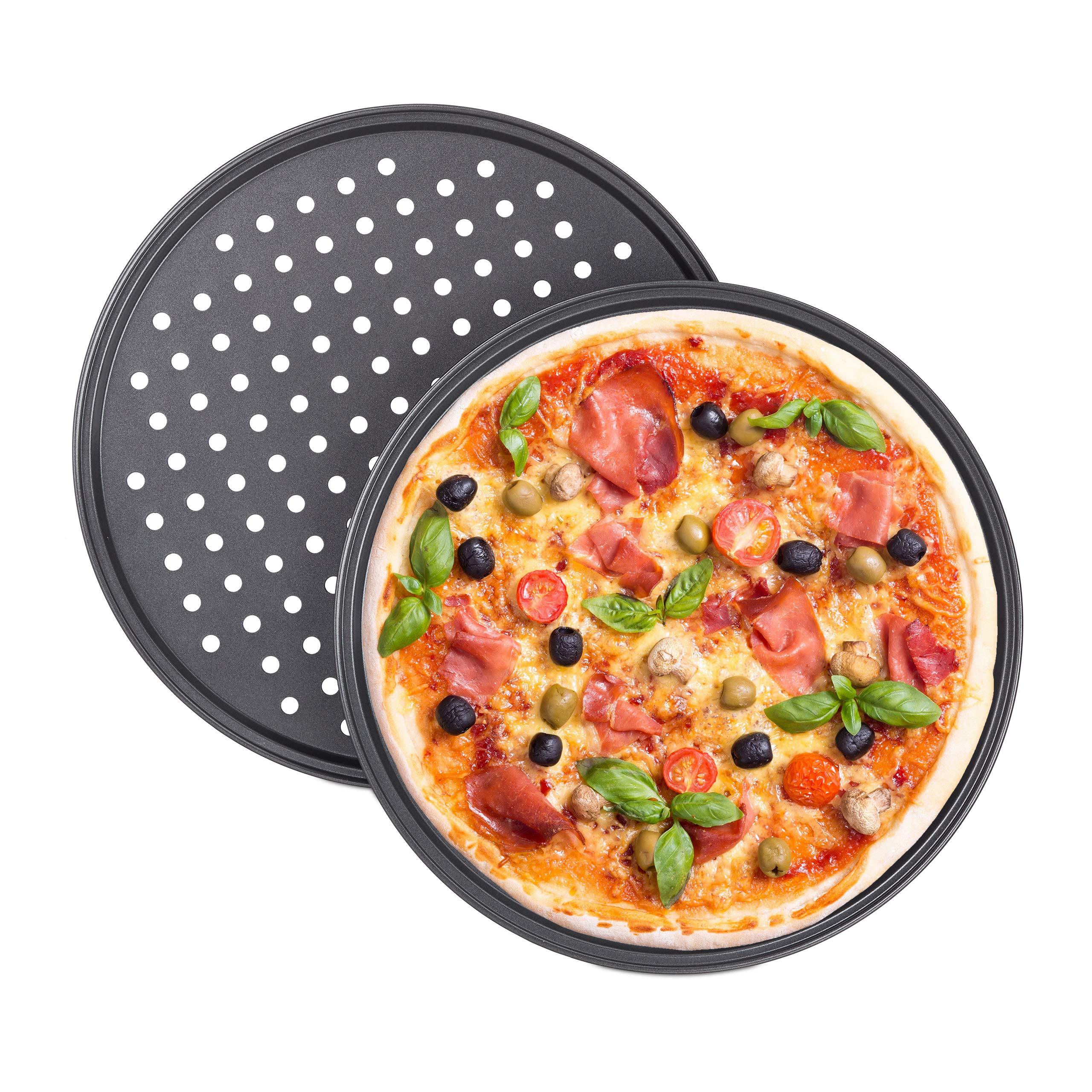 Relaxdays Pizza Tray, Set of 2, Round, with Holes, Nonstick, Tarte Flambée, Carbon Steel, Dough Tray, ∅ 32 cm, Grey