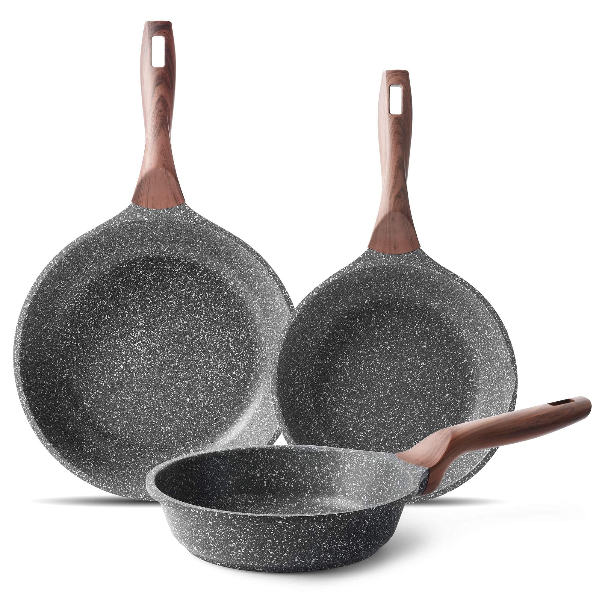 RIOVARM Non Stick Frying Pan Set for Induction Hob, Non Toxic Frying Pans 20cm 24cm 28cm, Skillet Pans, Small Egg Pan, Omelette Pan, Cooking Pans with Granite Coating, PFOA Free Cookware Set