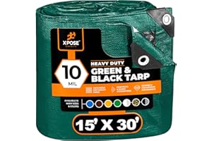 Heavy Duty Poly Tarp 15 Feet x 30 Feet 10 Mil Thick Waterproof, UV Blocking Protective Cover - Reversible Green and Black - Laminated Coating - Grommets - by Xpose Safety