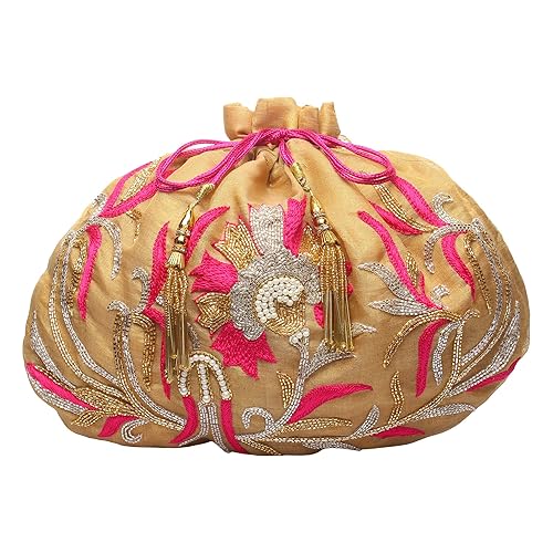 Gold potli bag,floral art work on Silk potli