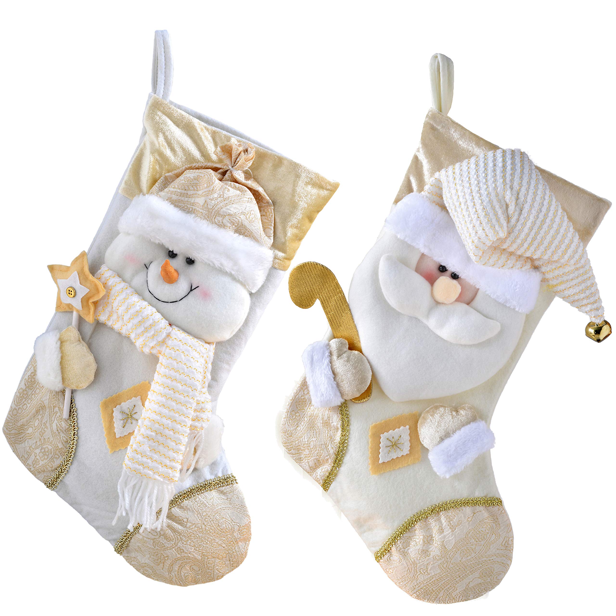 WeRChristmas Snowman and Santa Pack Hanging Stocking 3D Head, Cream & Gold