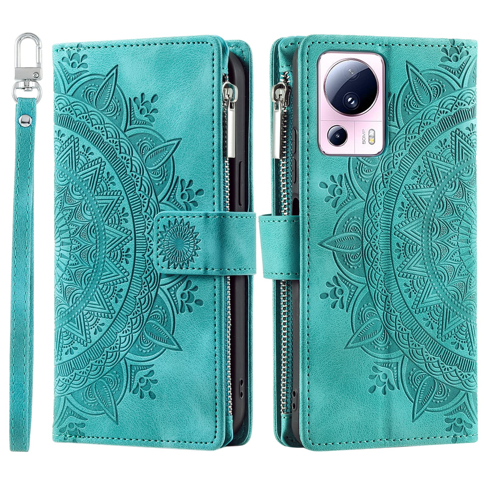VEEMOS Wallet Case for Xiaomi 13 Lite Flower Flip Case Protective Leather Folio Book Phone Cover with Card Slots Kickstand Zipper Pocket - Green
