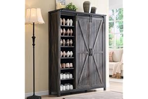 OKD Shoe Storage Cabinet with 2 Sliding Door, 7-Tier 62" Tall Farmhouse Entryway Shoe Organizer, Freestanding Rustic Hidden Shoe Rack Cabinet for Entryway, Dark Rustic Oak