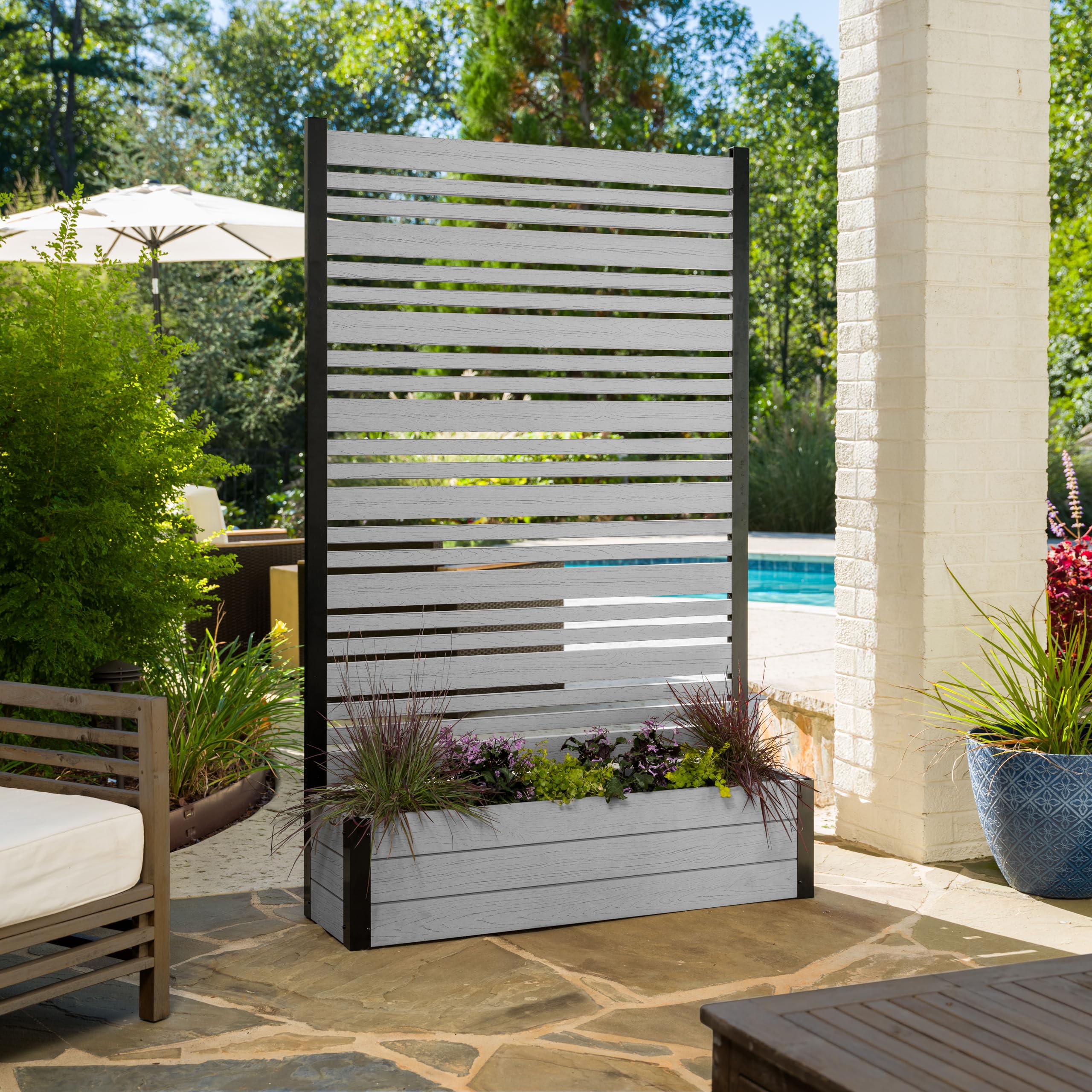 Photo 1 of 6ft H x 3.8ft W x 1ft L (1 Screen w/Planter) Freestanding Enclo Florence Ash Color Patio Privacy Screen with Planter Box, Privacy Planters for Patio, Privacy Wall Outdoor Privacy Screen, EC18025