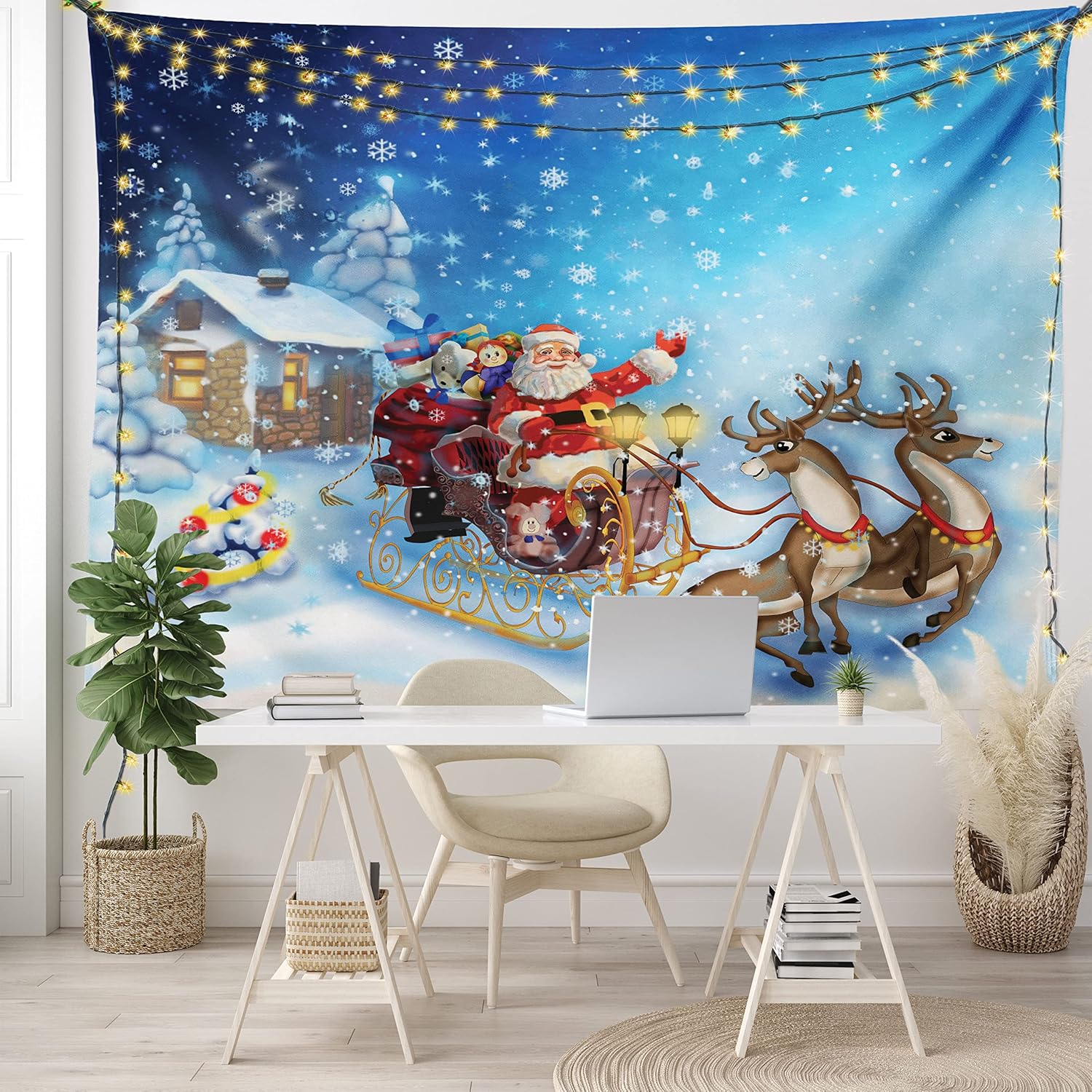 Tapestries - Ambesonne Christmas Tapestry, Santa in Sleigh with Reindeer and Toys in Snowy North Pole Tale Fantasy Image, Wall Hanging for Bedroom Living Room Dorm, 60