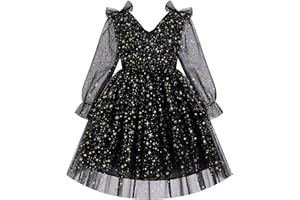 IMEKIS Toddler Kids Girls Tulle Dress Floral Embroidery Sparkly Wedding Party Long Sleeve Fall Photo Shoot Outfit 2-8T