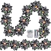 Zubebe 2 Pcs Prelit Poinsettia Christmas Garland with String Lights Glitter Holly Leaves Berries Remote Timer 8 Modes 6.5 ft Lighted Flower Garland Battery Operated Indoor Outdoor Decor (Black)