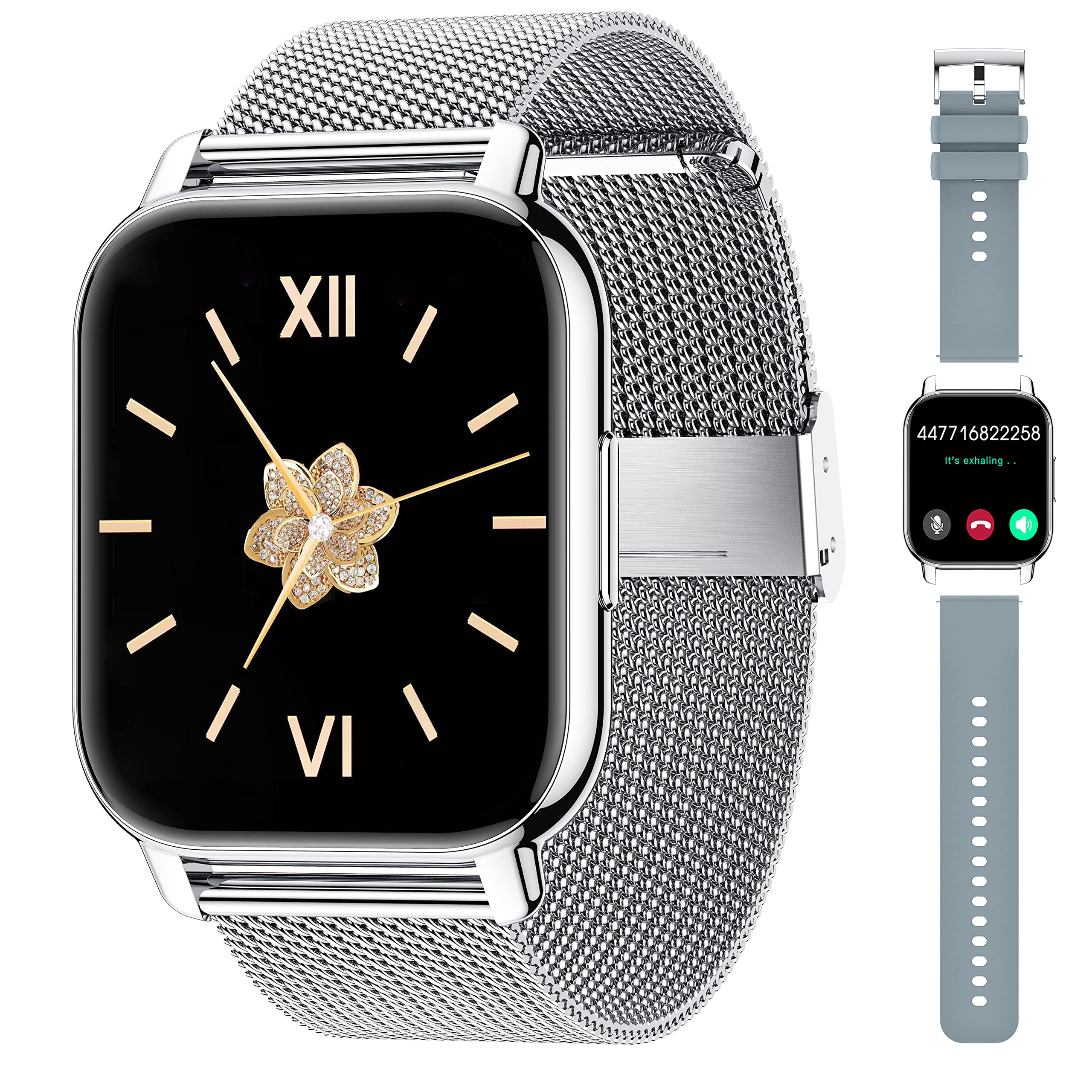 Popglory Smart Watch for Women Men Answer/Make Calls, 1.85" Smartwatch 44mm 2 Straps & Split Screen, 100+ Sports Fitness Watch with Blood Pressure/Oxygen/Heart Rate Monitor for iOS and Android