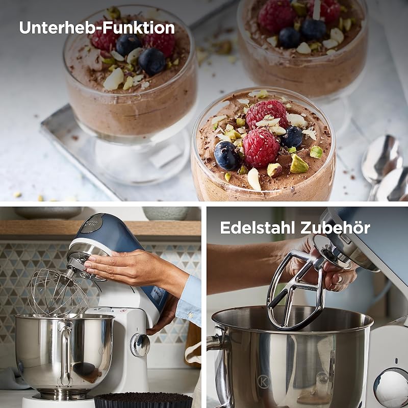 kMix Editions KMX760BL Küchenmaschine, 5 l Edelstahl Schüssel, Safe-Use-Sicherheitssystem, Metallgehäuse, 1000 Watt, inkl. 3-Teiligem Patisserie-Set und Spritzschutz, Blau Metallic