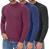 August Alley 3 Pack Men's Mock Turtleneck Shirts Ribbed Knit Slim Fit Long Sleeve Casual Basic Thermal Pullover Sweaters(Wine Red, Navy Blue, Charcoal Black,X-Large)