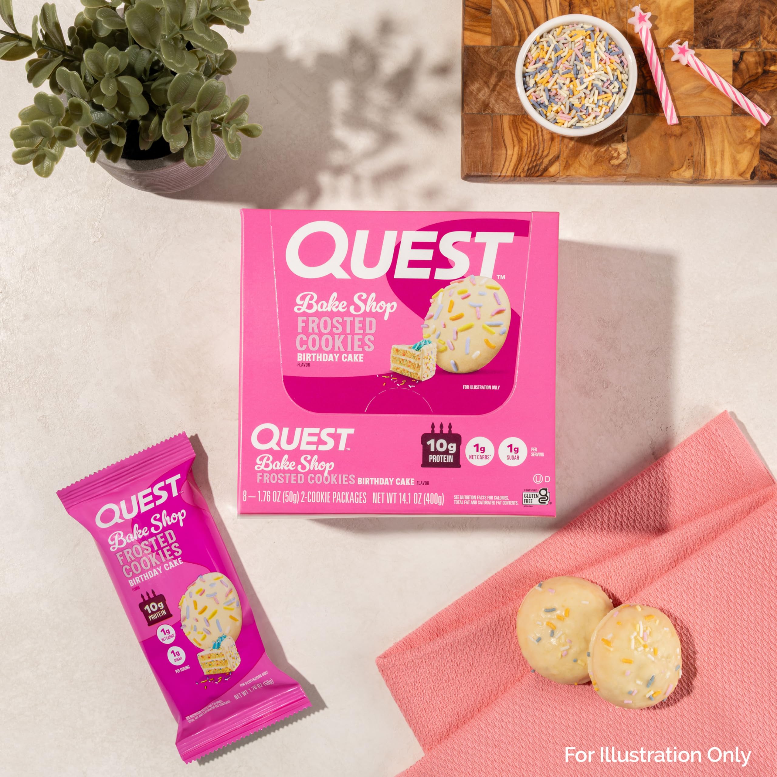 Quest Nutrition Frosted Cookies Twin Pack, Birthday Cake, 1g Sugar, 10g Protein, 2g Net Carbs, Gluten Free, 8 Count(Pack of 1)