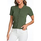 BERESIA Women's Button Down Short Sleeve Polo T Shirts Ribbed Knit Slim Fitted Basic Summer Top