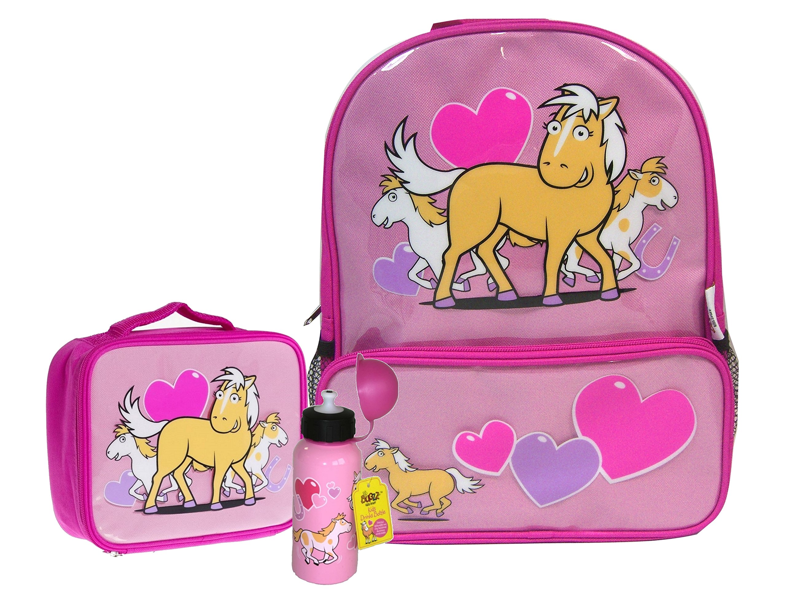 Bugzz Kids Stuff Children's School Bag Set - Backpack - Lunch Bag and Drinks Bottle (Pony)