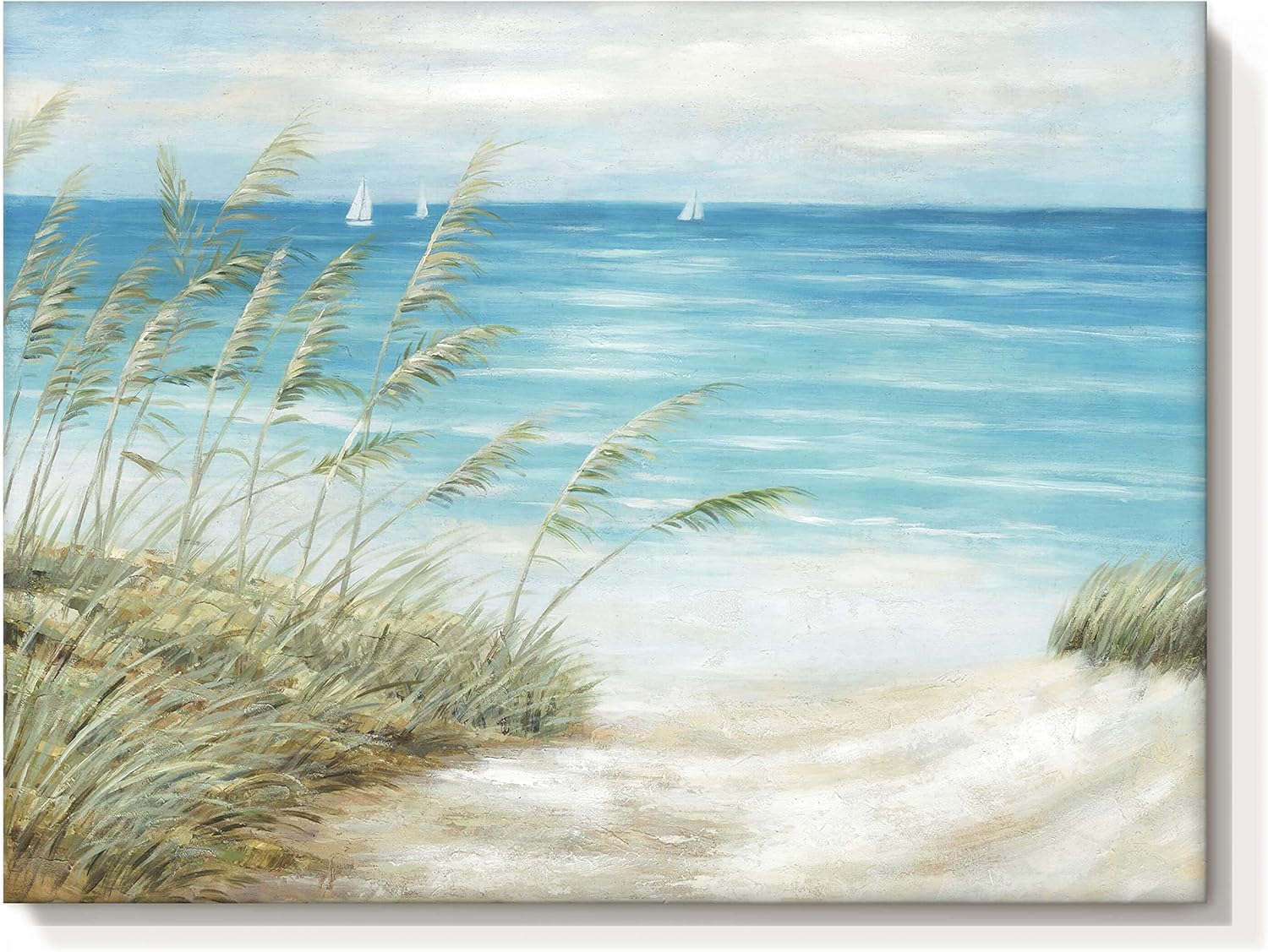 Paintings - Beach Sea Canvas Wall Art: Seaside Coastal Reed Painting Blue Ocean Nautical Picture Modern Minimalist Seascape Grass Path Artwork Decor for Living Room Bedroom