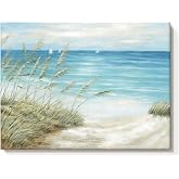 Coastal Beach Canvas Wall Art Ocean Picture Seascape Decor 16x11 Inch | Seaside wall decor, sailboats, sandy shore, soft blue tones, Sea Grass, bathroom, bedroom, beach house