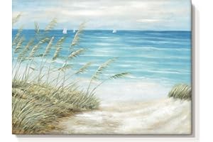COZY COUNTRY Beach Sea Canvas Wall Art: Seaside Coastal Reed Painting Blue Ocean Nautical Picture Modern Minimalist Seascape Grass Path Artwork Decor for Living Room Bedroom