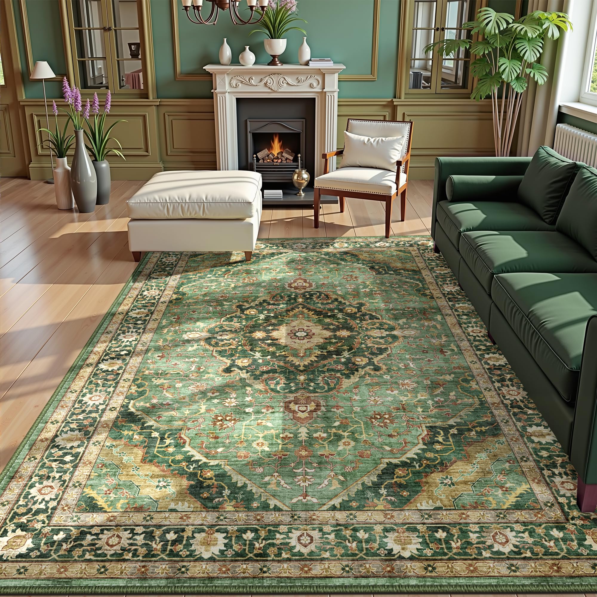 Photo 1 of Green Rugs for Bedroom Area Rugs 5x7 Washable Rugs Boho Vintage Oriental Large Foldable Faux Wool Carpet for Living Room Nursery Room Dorm Kids Playroom Home Office