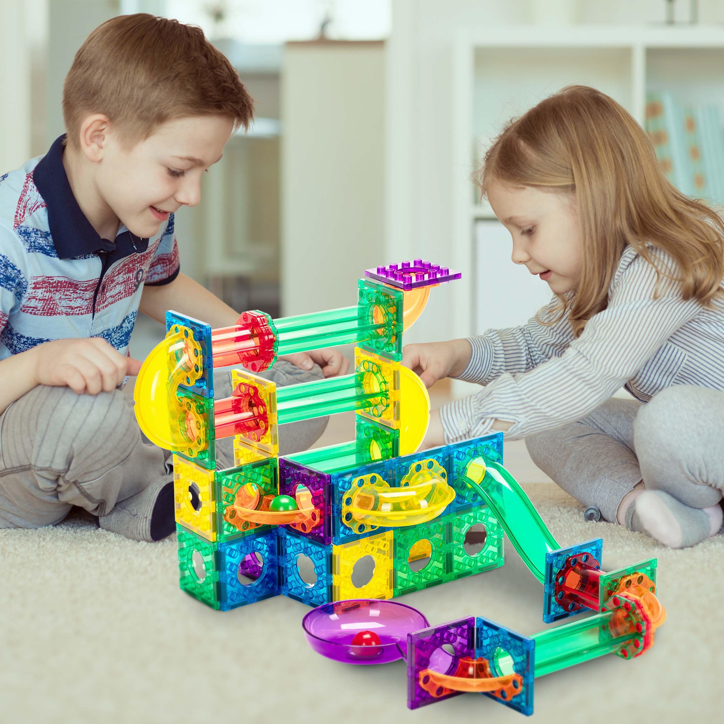 Everplay 100 Piece Marble Run Magnetic Building Toys Magnet Tile Construction Blocks STEM Learning Educational Toy Playset Toddlers Preschool Boys Girls Kids Children Unlimited Creations Age 3+ and Up