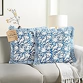 CPC Blue Sapphire Ruffle Throw Pillow Covers for Couch, 24x24 Inch Cotton Stripe Ruffle Couch Pillows for Living Room, Hidden 20 Inch Zipper Boho Pillow Case or Cute Outdoor Pillows