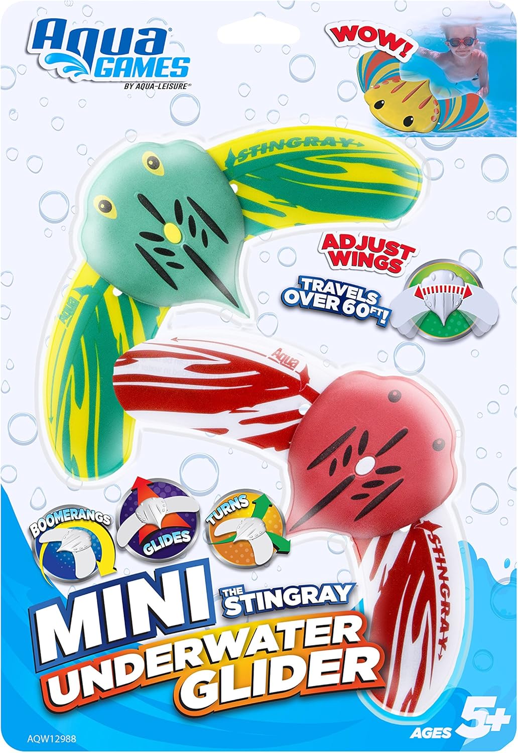 Aqua Mini Stingray Underwater Gliders (2 Pack), Self-Propelled, Adjustable Fins, Travels up to 40 Feet, Pool Game, Ages 5 and up (AQW12988): Toys & Games