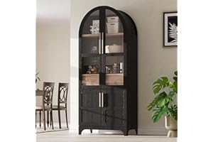 Tall Arched Kitchen Pantry Cabinet with Door Shelves, Farmhouse Storage Cabinet with Open & Adjustable Shelves, Hidden Drawer