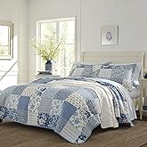 Laura Ashley - Twin Quilt Set, Reversible Cotton Bedding with Matching Sham, Medium-Weight for Year Round Use, Dorm Essentials (Paisley Printed Patchwork Blue)