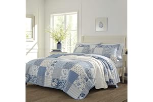 Laura Ashley - King Quilt Set, Reversible Cotton Bedding with Matching Shams, Farmhouse Inspired Home Decor (Paisley Printed Patchwork Blue, King)