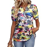 ZXZY Women Stretchy Button Up V Neck Puff Short Sleeve Funny Hawaiian Shirts Blouse Size S-2XL