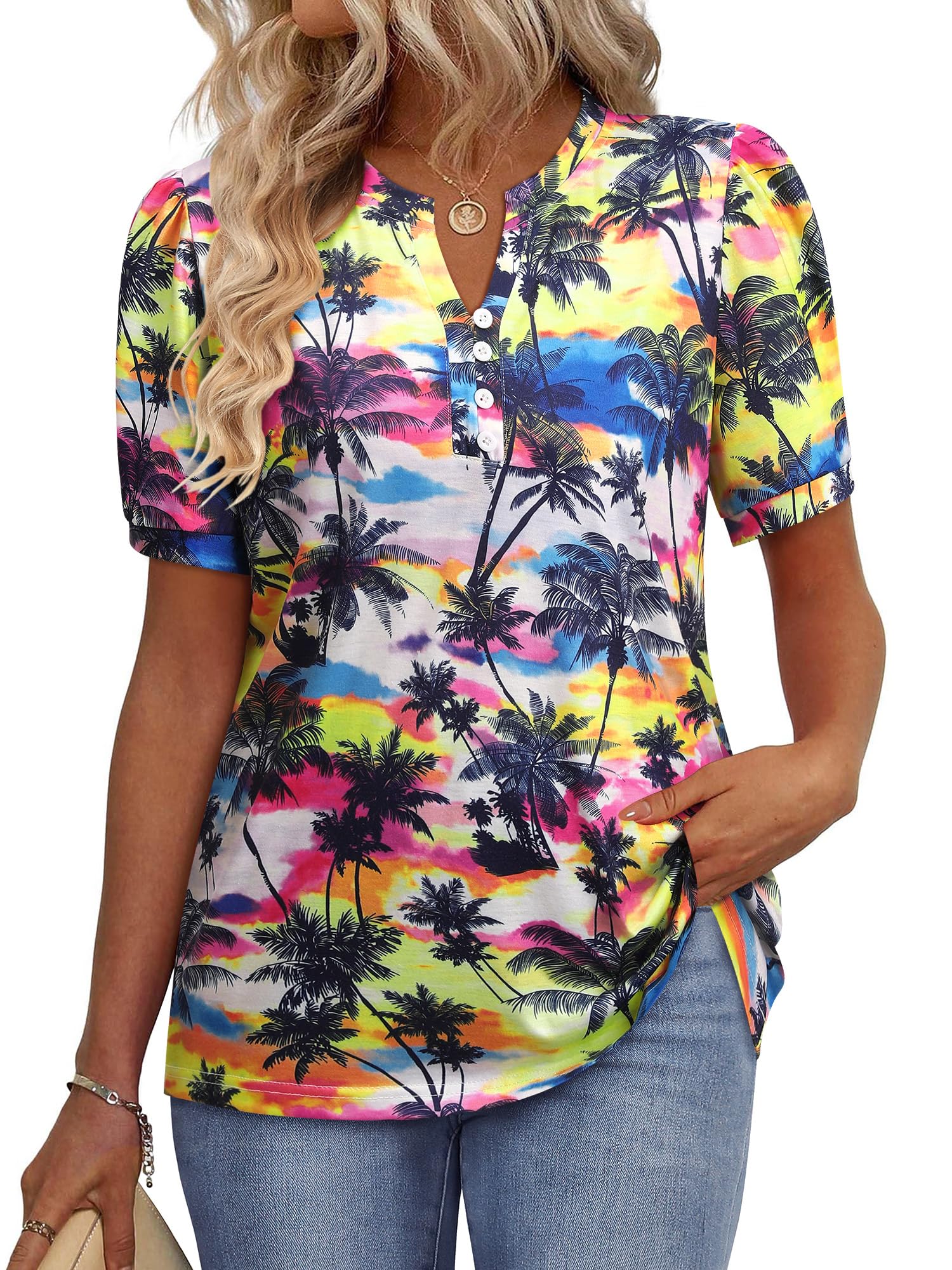 Photo 1 of  --- No Box Packaging, Item is Used, Item is Dirty from Previous Use---------------------ZXZY Women Stretchy Button Up V Neck Puff Short Sleeve Funny Hawaiian Shirts Blouse Multicolor