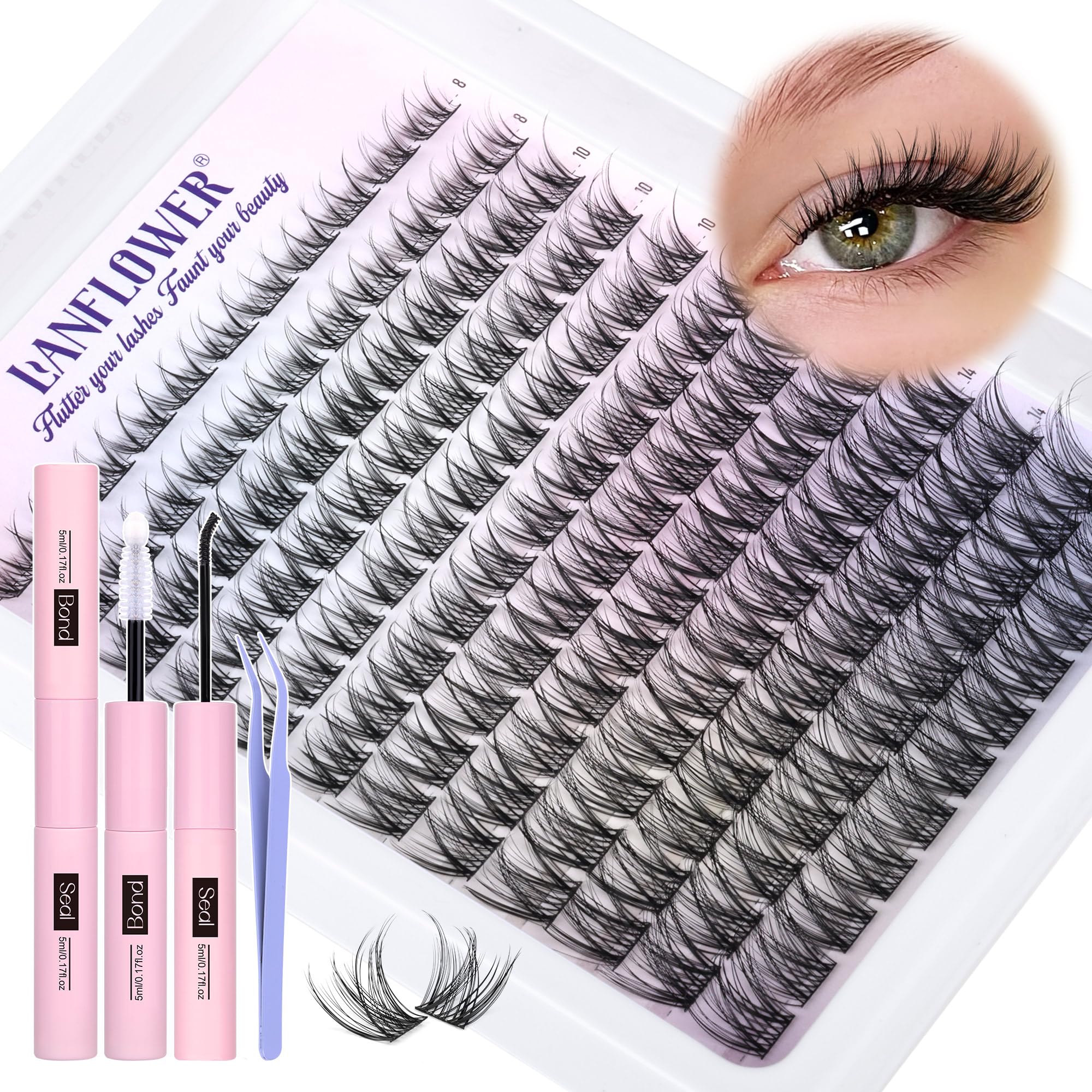 Photo 1 of Natural Lash Clusters Kit Wispy Lash Extension Kit C Curved Eyelash Clusters Kit Natural Cluster Eyelash Extensions Kit 8-16mm Individual Lashes with Lash Bond and Seal Lash Tweezers by Lanflower