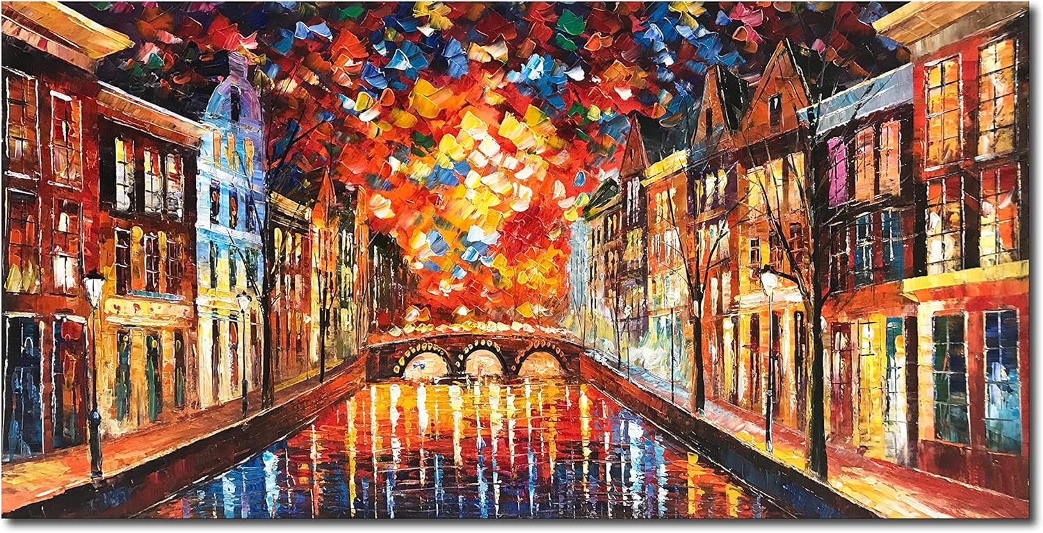 Paintings - Diathou Venice water City street scene painting, hand-painted romantic art City large canvas wall art 24×48 inch oil painting, modern abstract art painting, home wall decoration