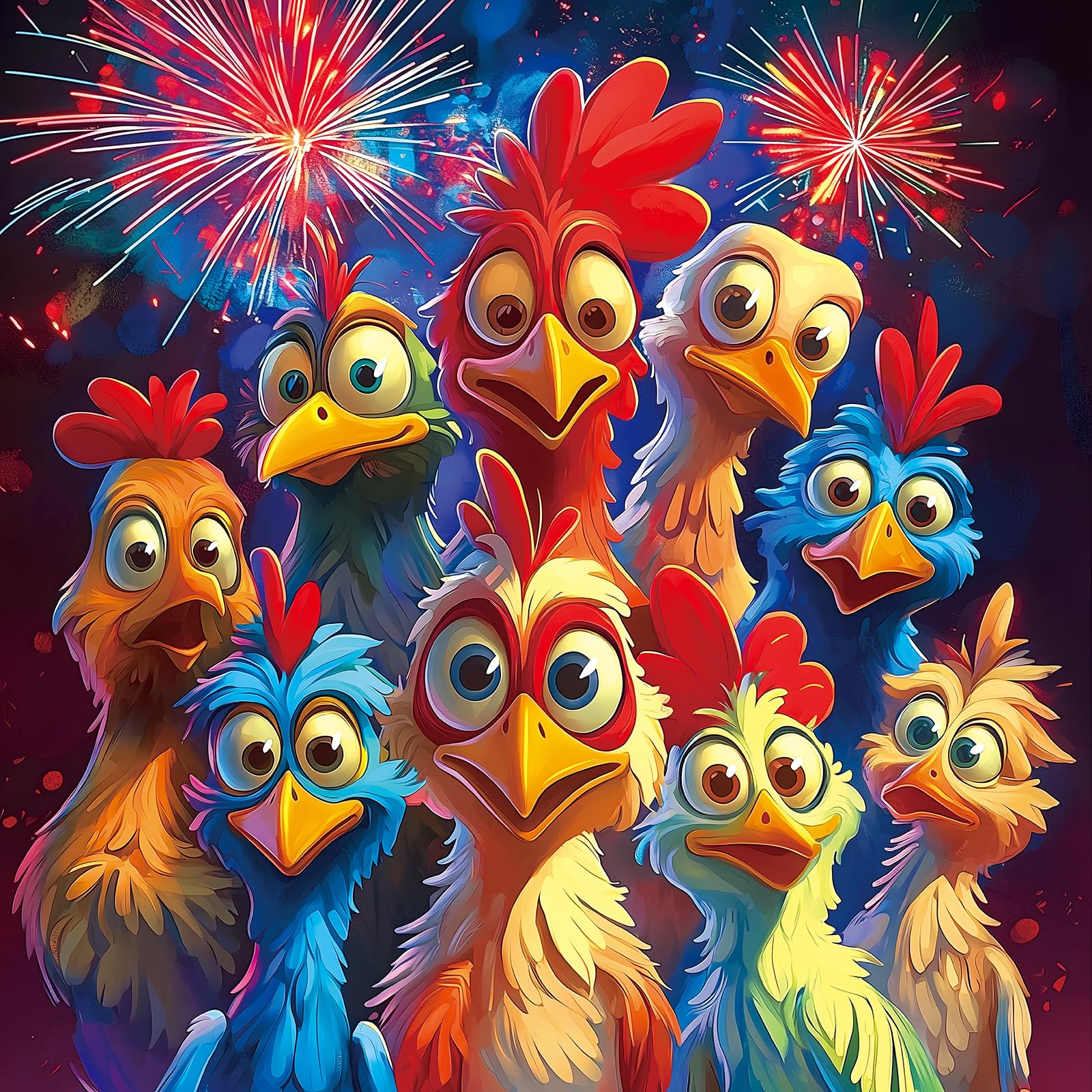 500 Piece Jigsaw Puzzle for Adults, Colorful Cartoon Chickens with Fireworks Design, Vibrant Family Puzzle Game, Fireworks Night Scene Art for Stress Relief