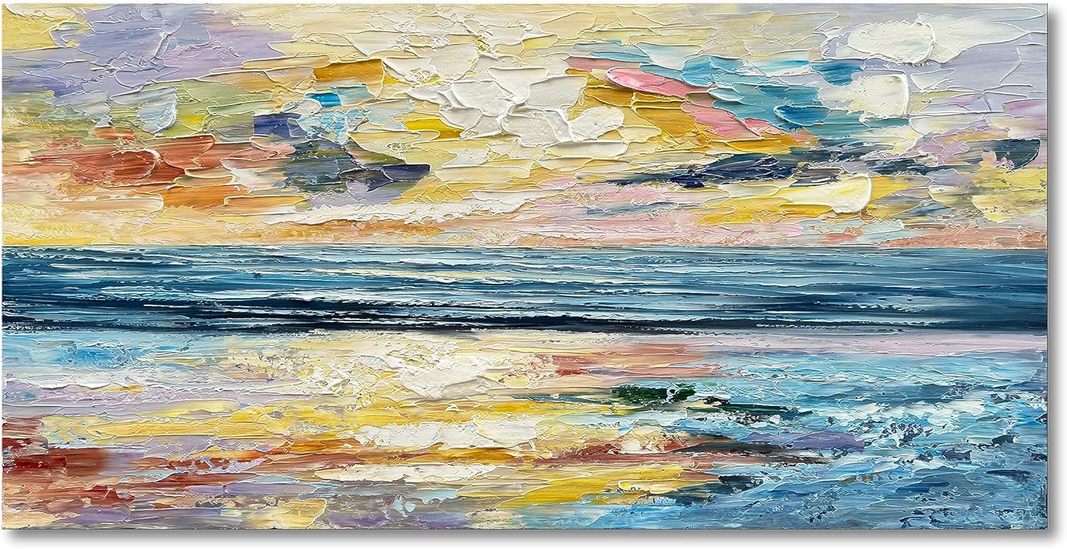Paintings - Limiyer Art Hand-painted Ocean Landscape Oil Painting Sea Sunset Landscape Modern Abstract Art Home Wall Decoration 24x48 Inches