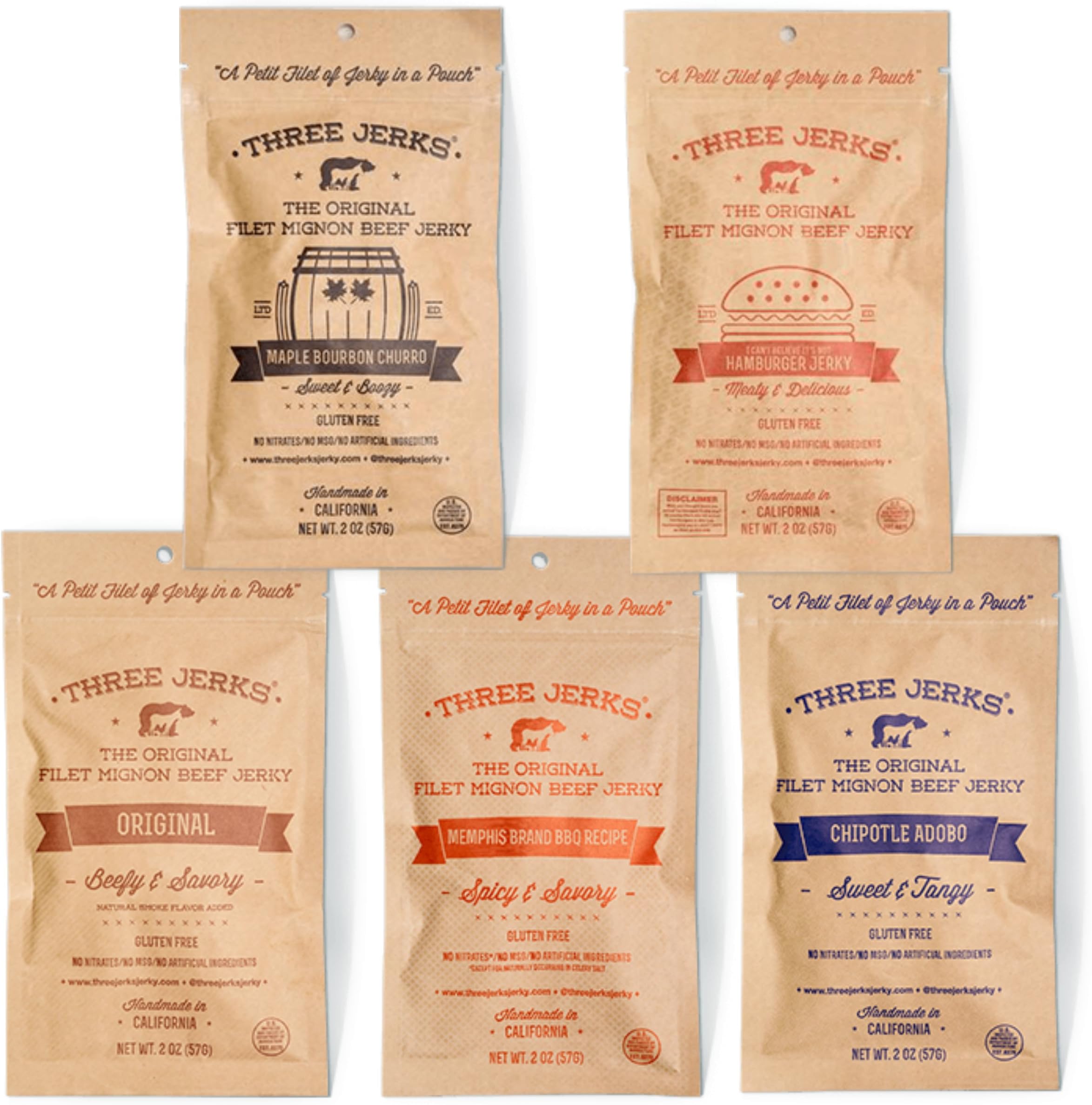 Three Jerks Filet Mignon Beef Jerky - Premium Natural Gourmet - 5 Bags of 2oz - Variety