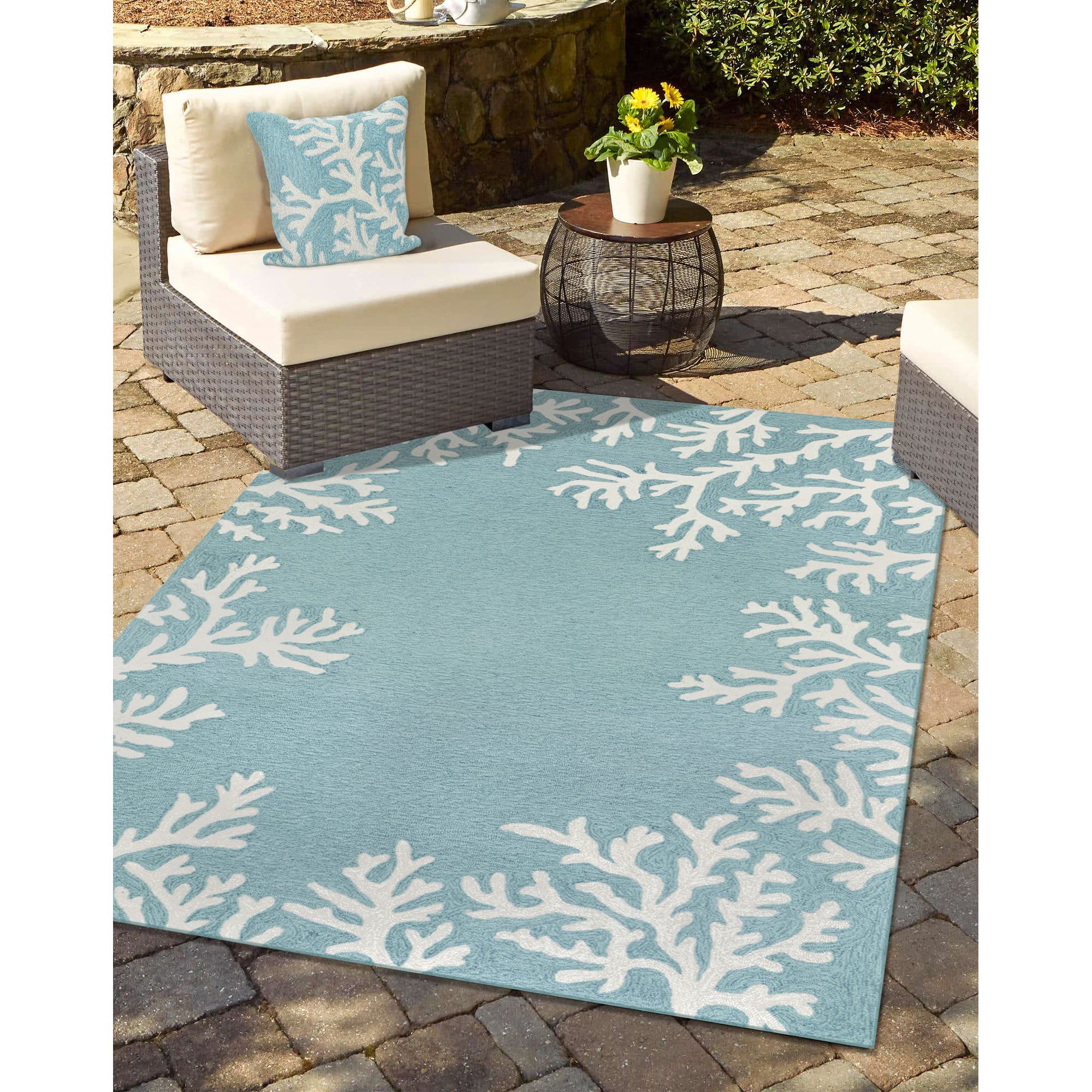 Photo 1 of Liora Manne Capri Coastal Coral Border Aqua Indoor/Outdoor Rug, 8'3" x 11'6"