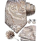GUSLESON 8cm Paisley Tie Set for Men Necktie Lapel Pin Pocket Square Cufflinks Set for Men