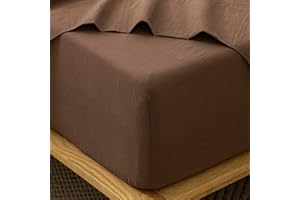 MooMee Fitted Bottom Sheet Only 100% Washed Cotton Linen Like Textured Breathable Durable Soft Comfy Deep Pocket Fits Mattress up to 17" (Cocoa Brown, Queen)