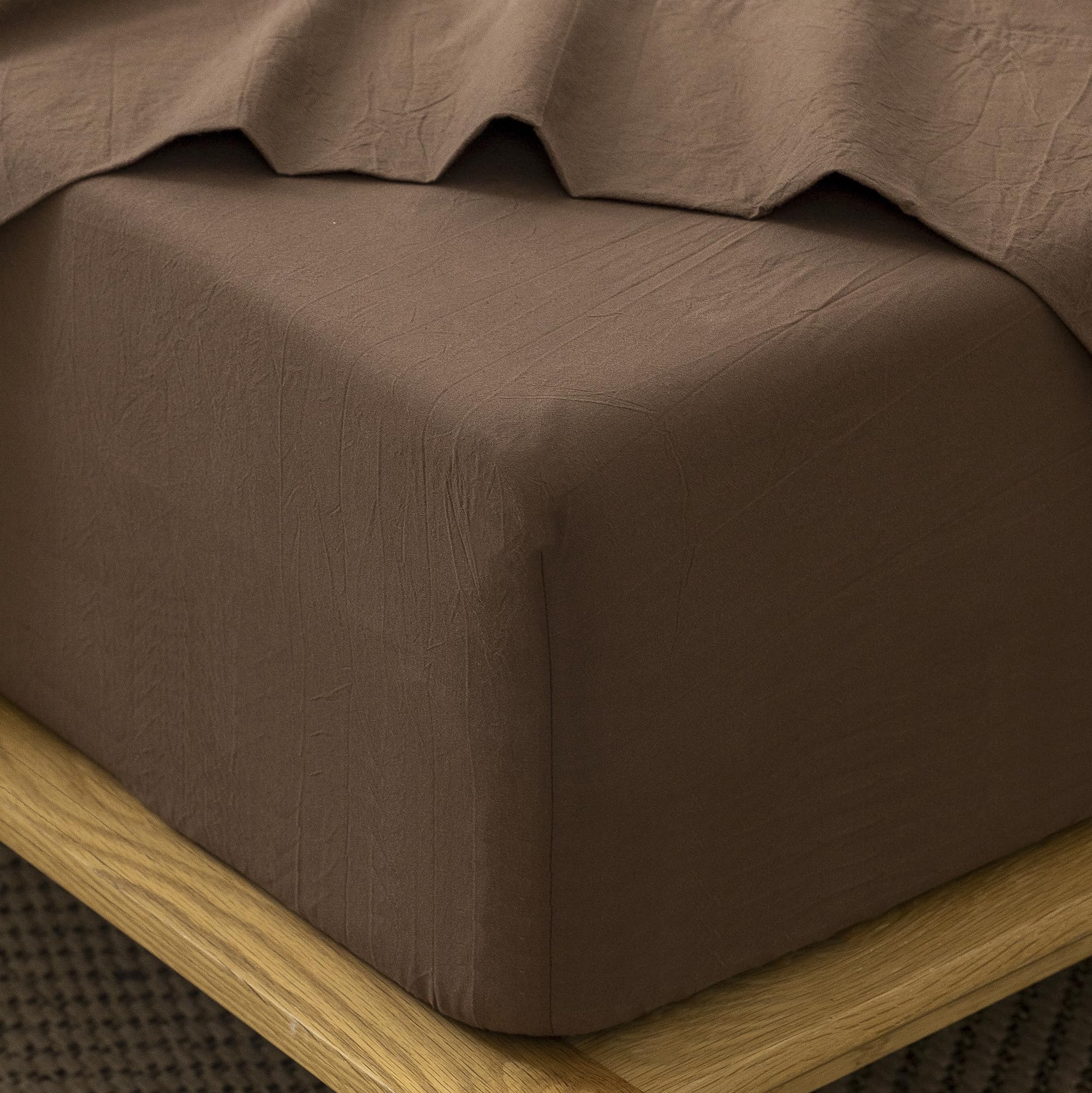 Photo 1 of MooMee Fitted Bottom Sheet Only 100% Washed Cotton Linen Like Textured Breathable Durable Soft Comfy Deep Pocket Fits Mattress up to 17" (Cocoa Brown, Queen)