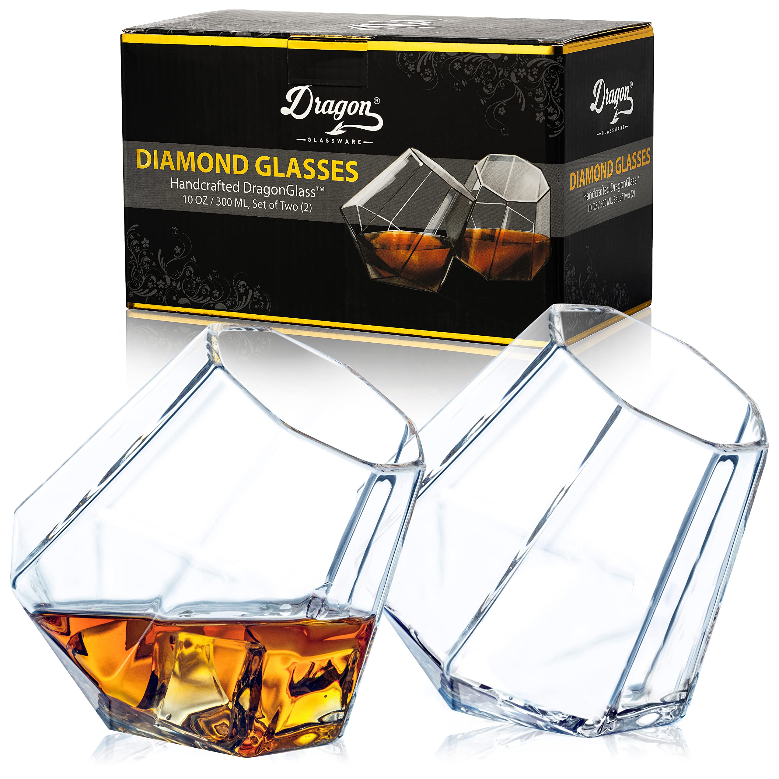 Dragon Glassware Diamond Whiskey Glasses, Premium Designer Tumblers for Whisky, Bourbon, Scotch, 300 ml, Gift Boxed - Set of 2