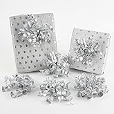 HUIHUANG Silver Bows for Gift Wrapping Metallic Burst Curly Ribbon Bows Self Adhesive Silver Christmas Gift Bows for Presents,Party Favor, Treat Bags, Crafts, Wedding Decor-5 inch x 6 Counts