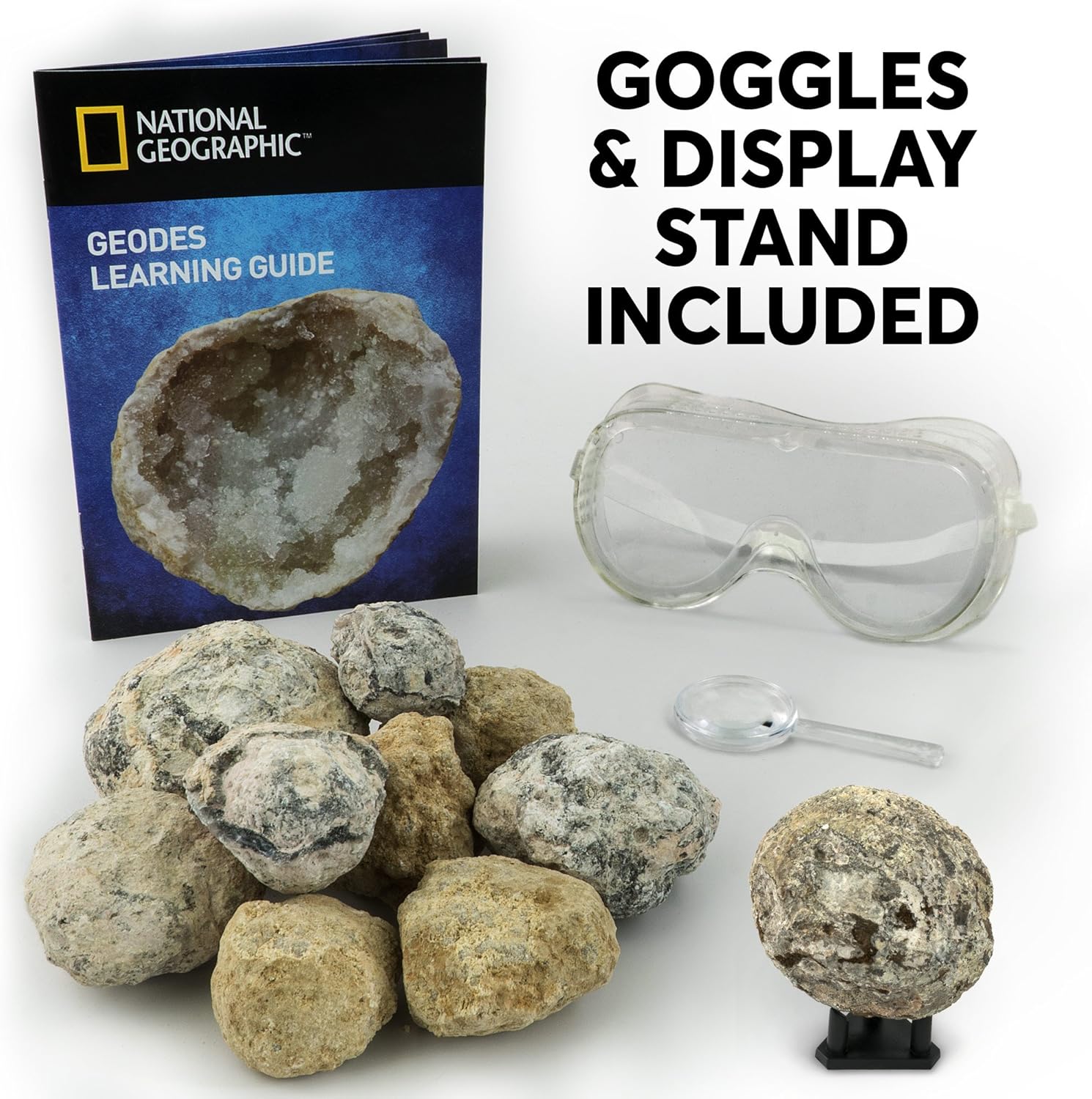 National Geographic Break Open 10 Premium Geodes – Includes Goggles, Detailed Learning Guide & 2 Display Stands - Great Stem Science Gift for Mineralogy & Geology Enthusiasts of Any Age: Toys & Games
