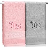 Tingjoo 2 Pcs Mr. and Mrs. Hand Towels 100% Cotton Embroidered Bathroom Towel Wedding Mr. and Mrs. Gift for Valentine's Day Couple, Anniversary Bathroom Decor 29 x 13 Inch