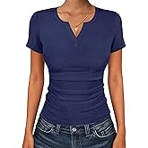 ANRABESS Women Short Sleeve Tops V Neck Rib Knit Slim Fit Shirts Basic Tee 2026 Summer Casual T-Shirt Outfits Clothes